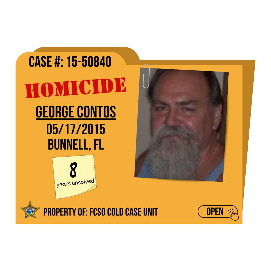 Case #15-50840. Homicide, George Contos. 05/17/2015 from Bunnell, Florida. Click to open.