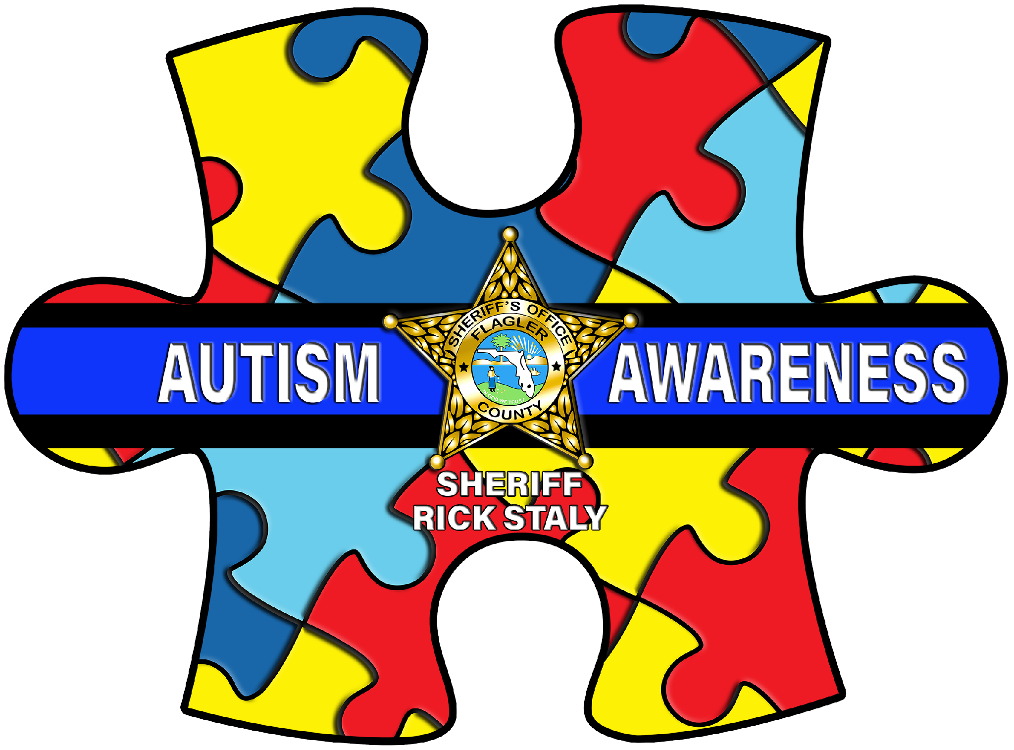 Multi-colored puzzle piece with the words Autism Awareness