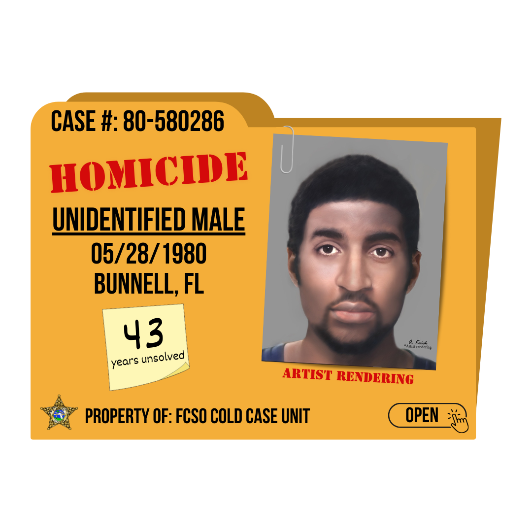 Case #: 80-580286, Homicide of an unidentified male. 5/28/1980, Bunnell, Florida. Click to open.