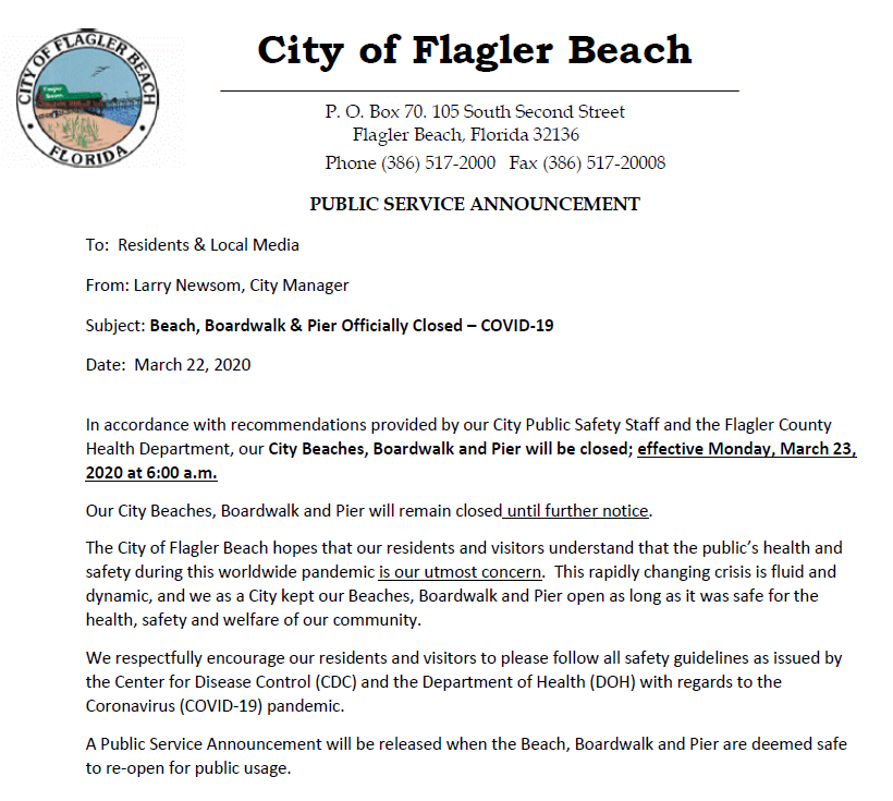 Flagler Beach Beaches to Close 3.23.2020