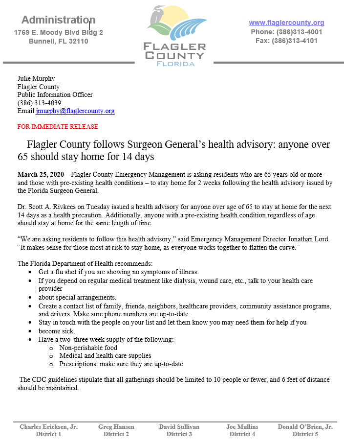 Flagler County follows Surgeon General’s health advisory