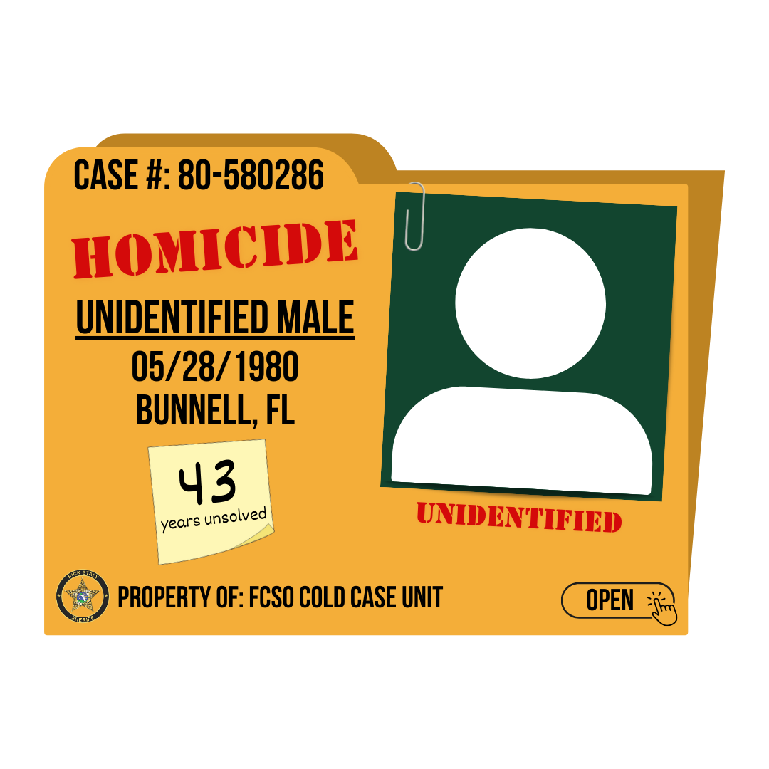 Case #: 80-580286, Homicide of an unidentified male. 5/28/1980, Bunnell, Florida. Click to open.