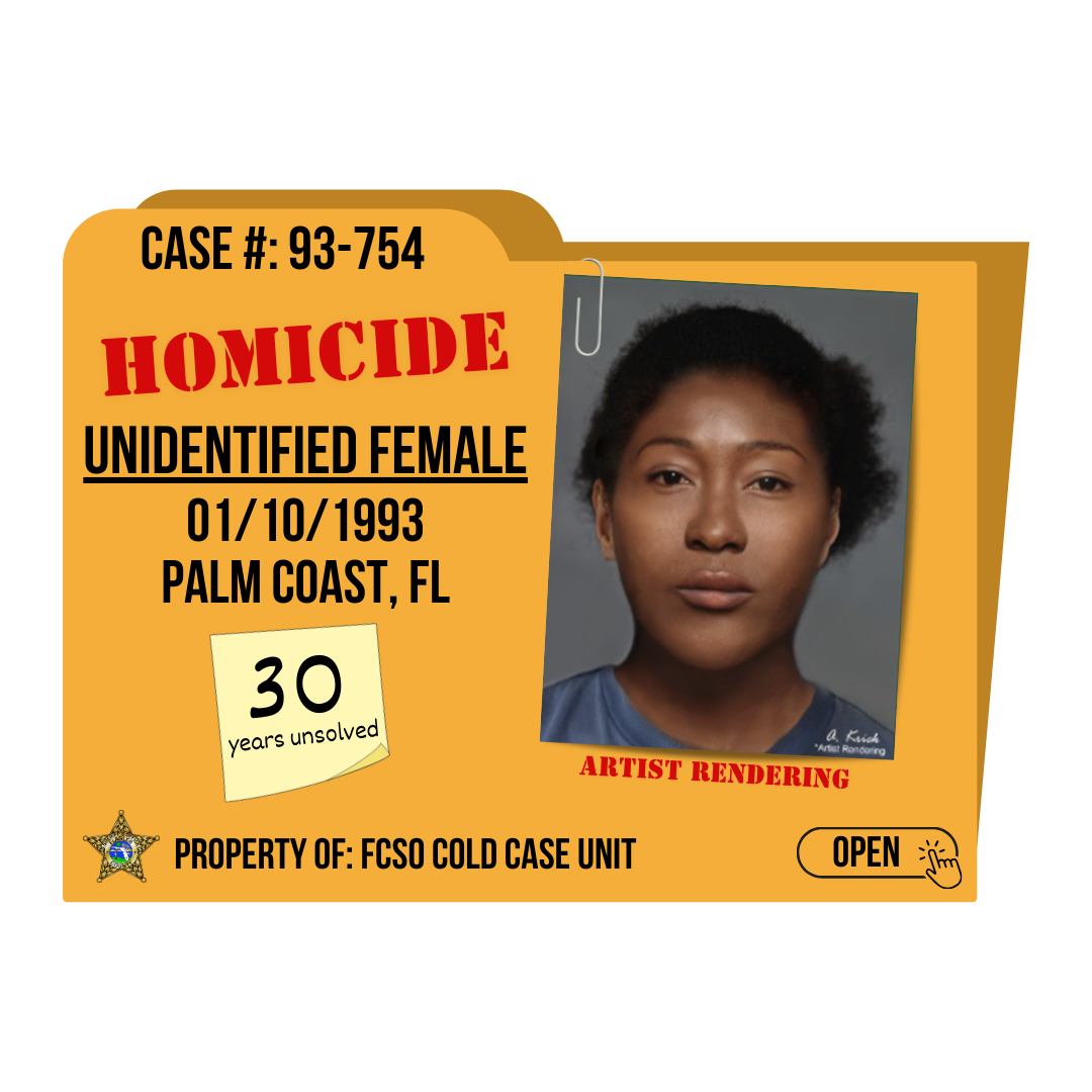Case #: 93-754. Homicide of an unidentified female. 1/10/1993 in Palm Coast, Florida. Click to open.
