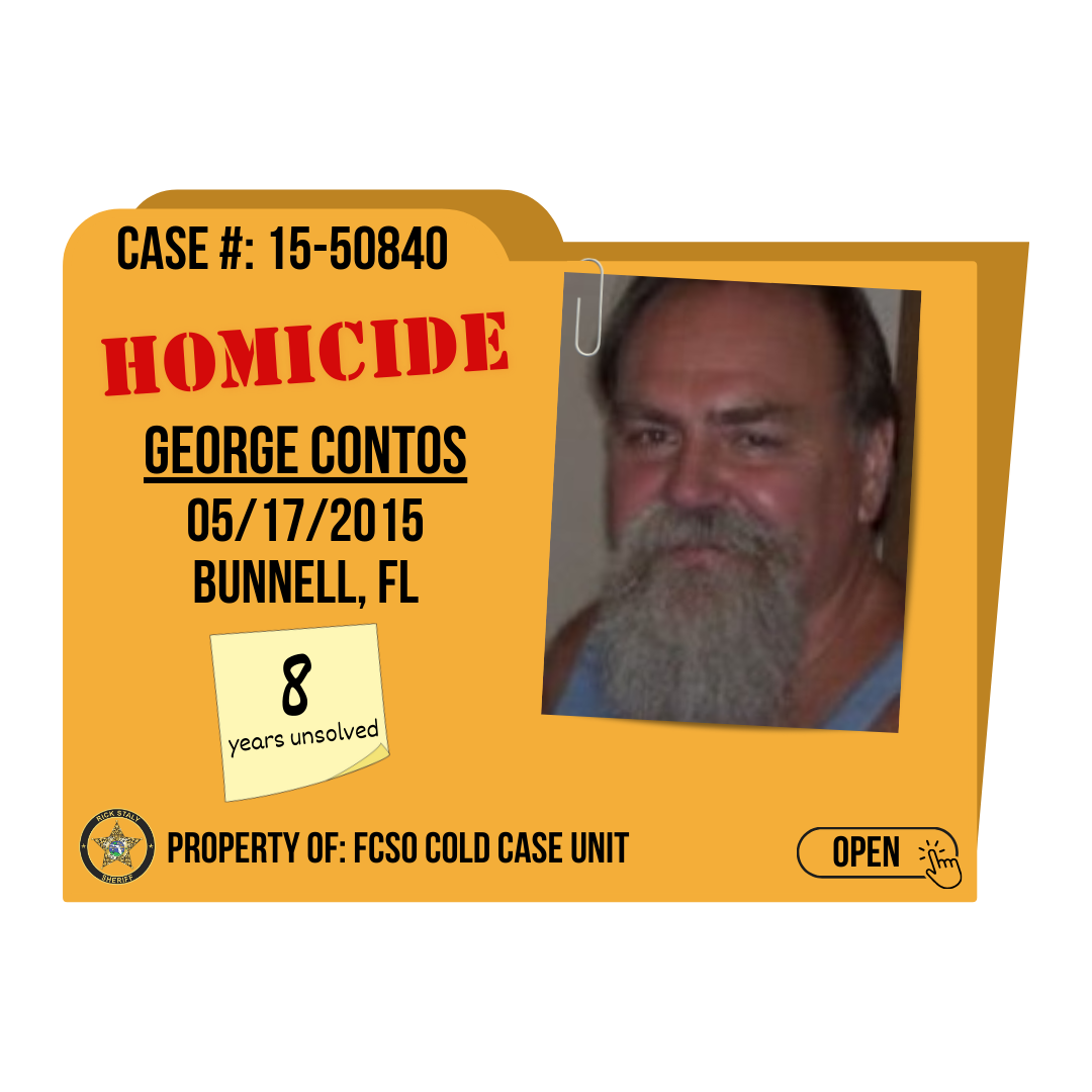 Case #15-50840. Homicide, George Contos. 05/17/2015 from Bunnell, Florida. Click to open.