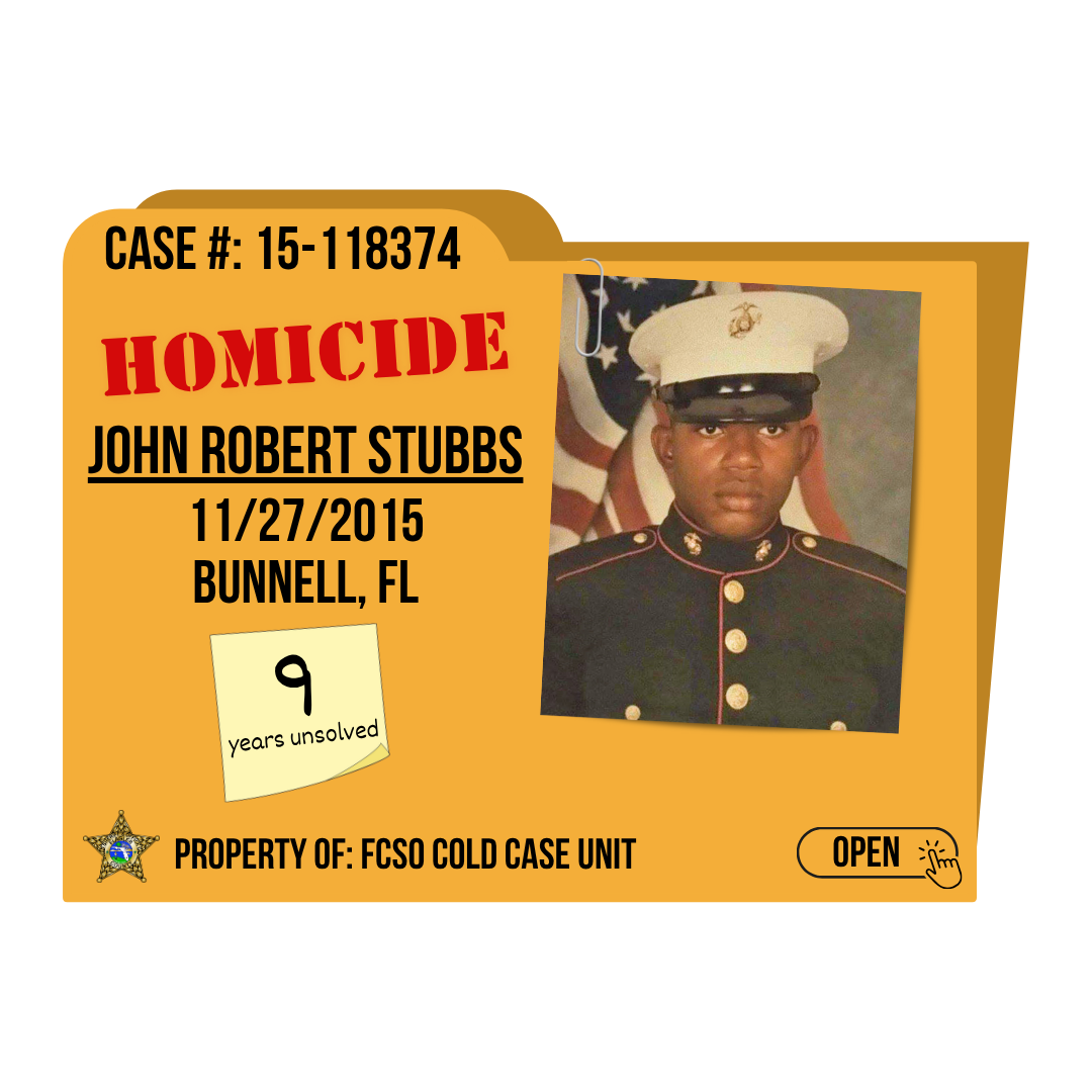 Case #:15-118374. Homicide, John Robert Stubbs. 11/27/2015 from Bunnell, Florida. Click to open.