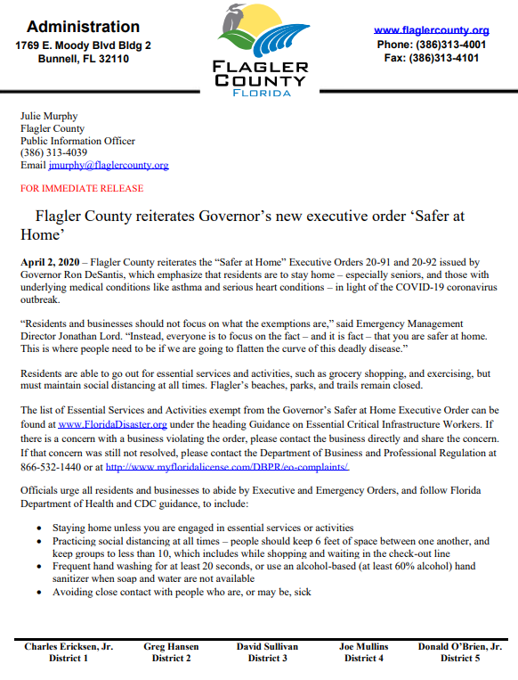 Flagler County reiterates Governor’s new executive order ‘Safer at Home'
