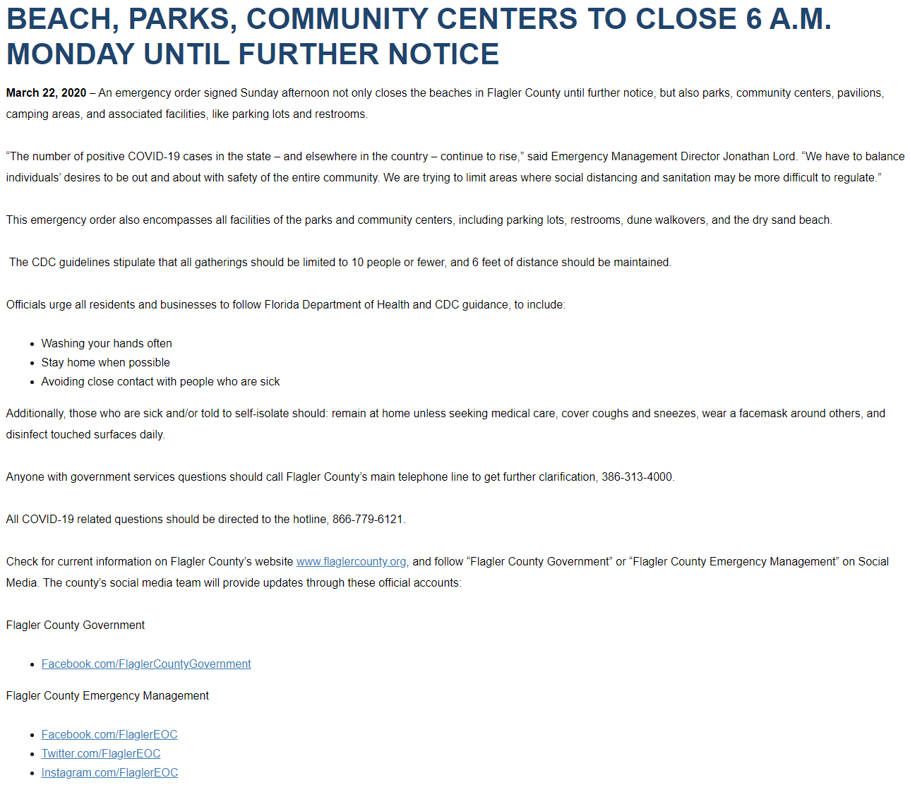 Beaches, Parks, Community Centers CLOSE