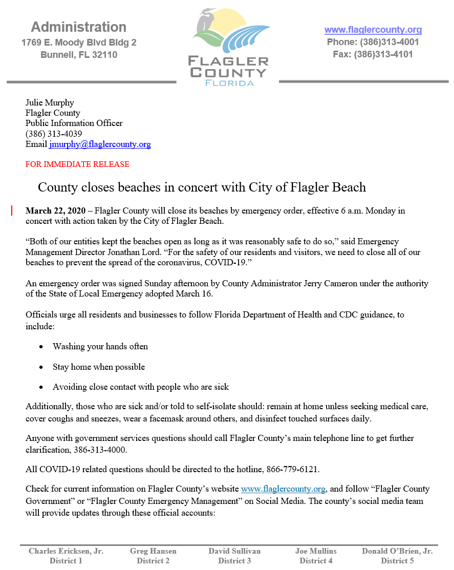 Flagler County Beaches to Close 3.23.2020