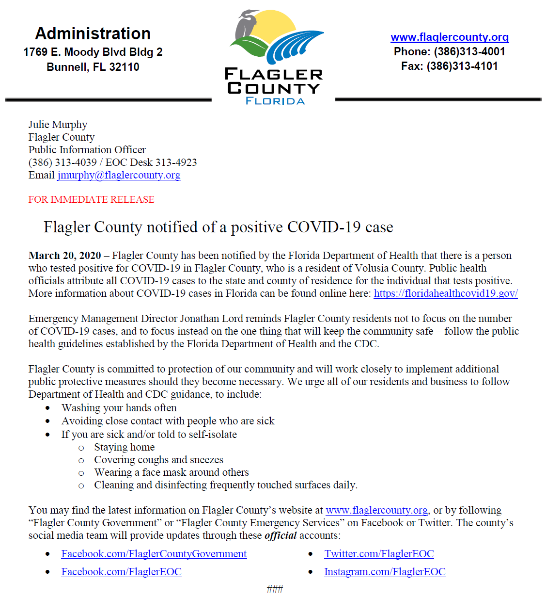 Flagler County notified of a positive COVID-19 case