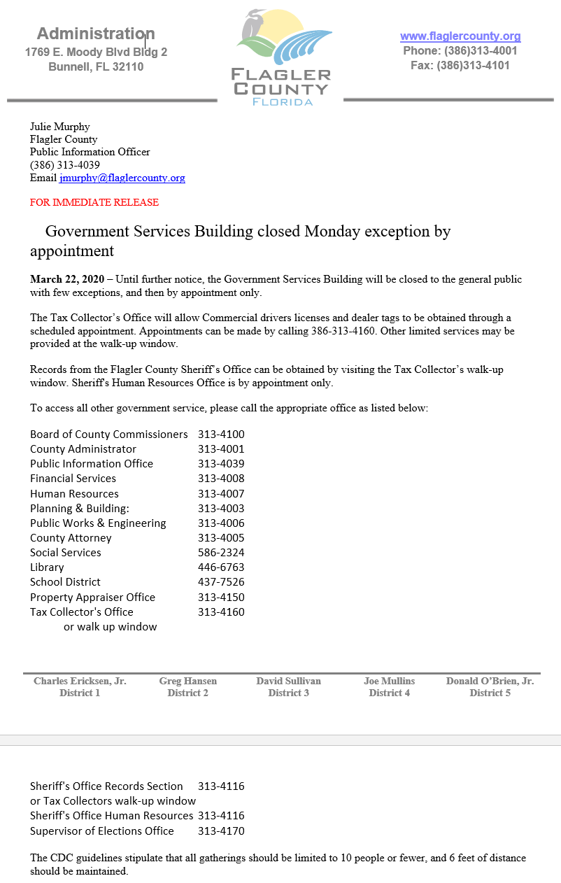 Government Services Bldg Closed to Public - Exceptions