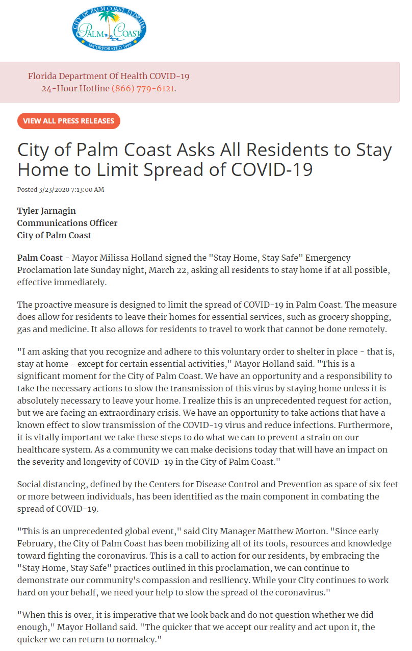 Palm Coast Mayor Issues "Stay Home" Voluntary Order