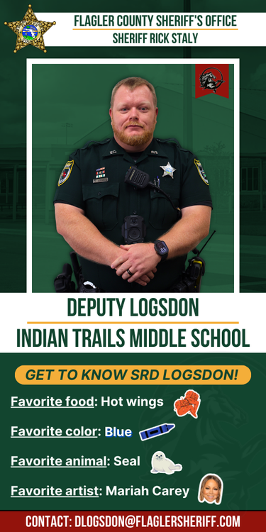Meet Deputy Logsdon: Indian Trails Middle School. Favorite food: Hot wings. Favorite color: Blue. Favorite animal: Seal. Favorite artist: Mariah Carey