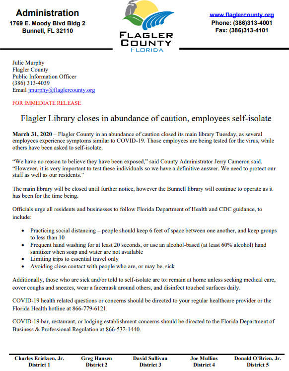 Flagler Library closes in abundance of caution, employees self-isolate